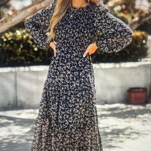 CUPSHE Ditsy Floral Print Round Neck Long Sleeve Smocked Waist Maxi Dress XL NWT